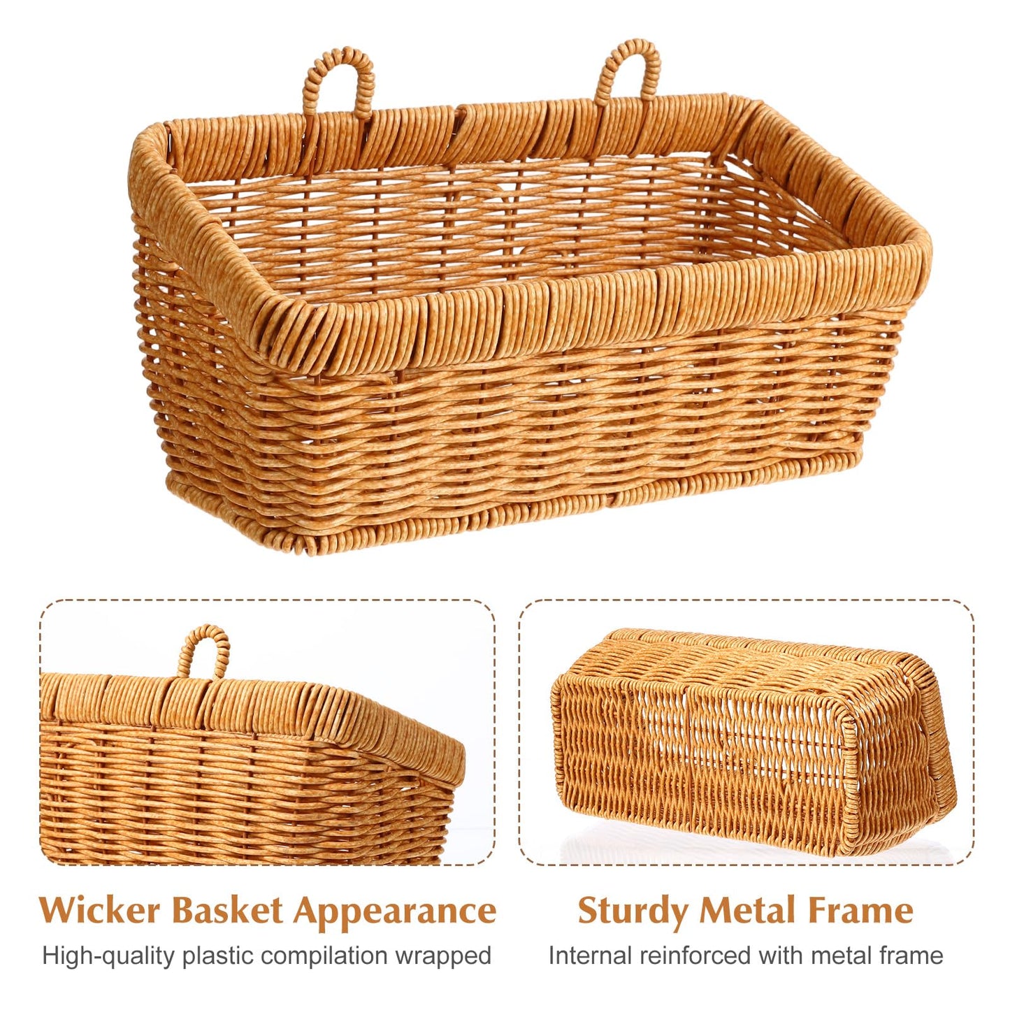 2 Pcs Wall Hanging Basket Wall Mount Pantry Fruit Basket Boho Style Decor Storage Baskets Adhesive Bathroom Cabinet Organizer for Bathroom Kitchen Garden Living Room with 4 Hooks