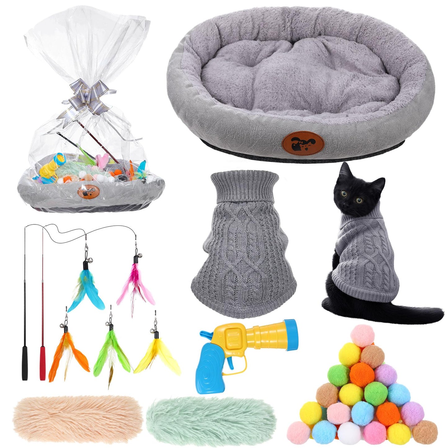 Zopeal 59 Pcs Cat Gift Sets Including Cat Bed Pillows Winter Sweater Interactive Retractable Wand Toy and Feather Toys Launcher Gun with Plush Balls for Pet Lover with Gift Wrapping Bag and Bow