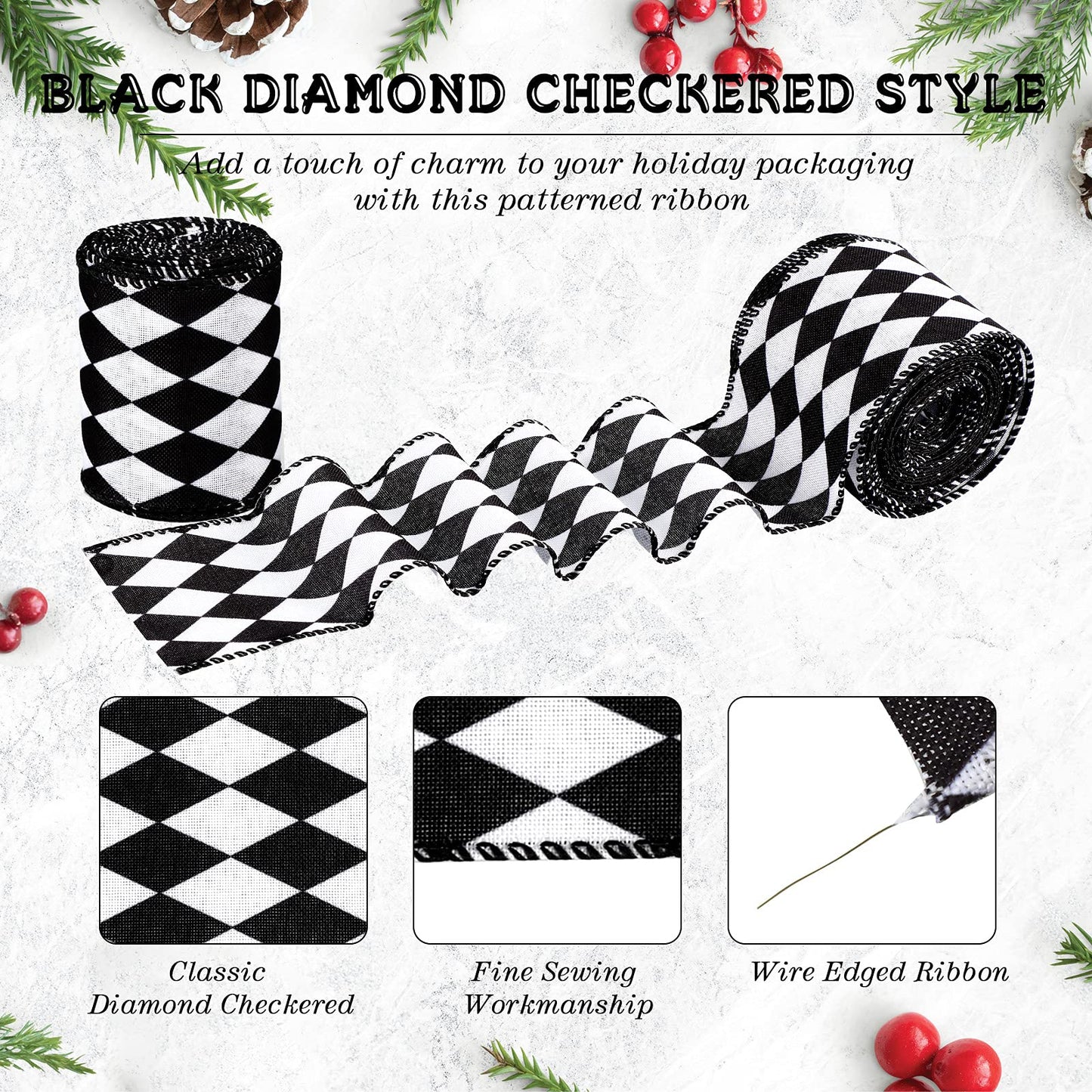 Luinabio 3 Rolls 30 Yard 2.5 Inch Christmas Black White Harlequin Ribbon Checkered Wired Ribbon Decorative for Xmas Fall Tree Wrapping Wreath Bouquet Crafts (Classic Style)