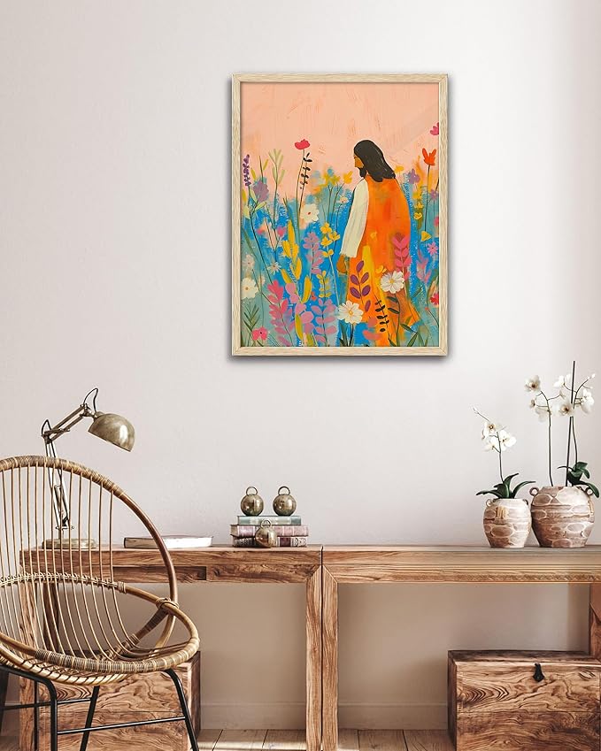 EcoHest Large 16x20in OAK Wood Framed Wall Art, Jesus Portrait with Bible Verse Theme, Christian Canvas, The Wildflowers Style, Modern Wall Decor for Bedroom Living Bathroom Religious Gift 1 Pack