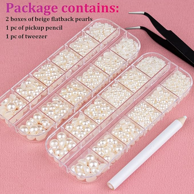 Belleboost Flat Back Pearls Kits 2 Boxes of Flatback Beige Half Round Pearls with Pickup Pencil and Tweezer for Home DIY and Professional Nail Art, Face Makeup and Craft