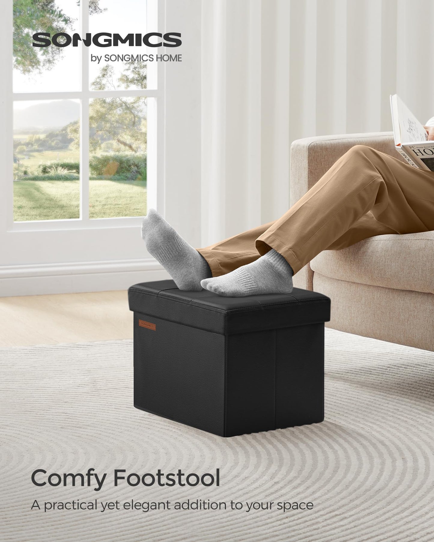 SONGMICS Small Folding Storage Ottoman, Foot Rest Stool, Cube Footrest, Synthetic Leather, 12.2 x 16.1 x 12.2 Inches, 286 lb Capacity, for Living Room, Bedroom, Dorm, Ink Black ULSF100B01