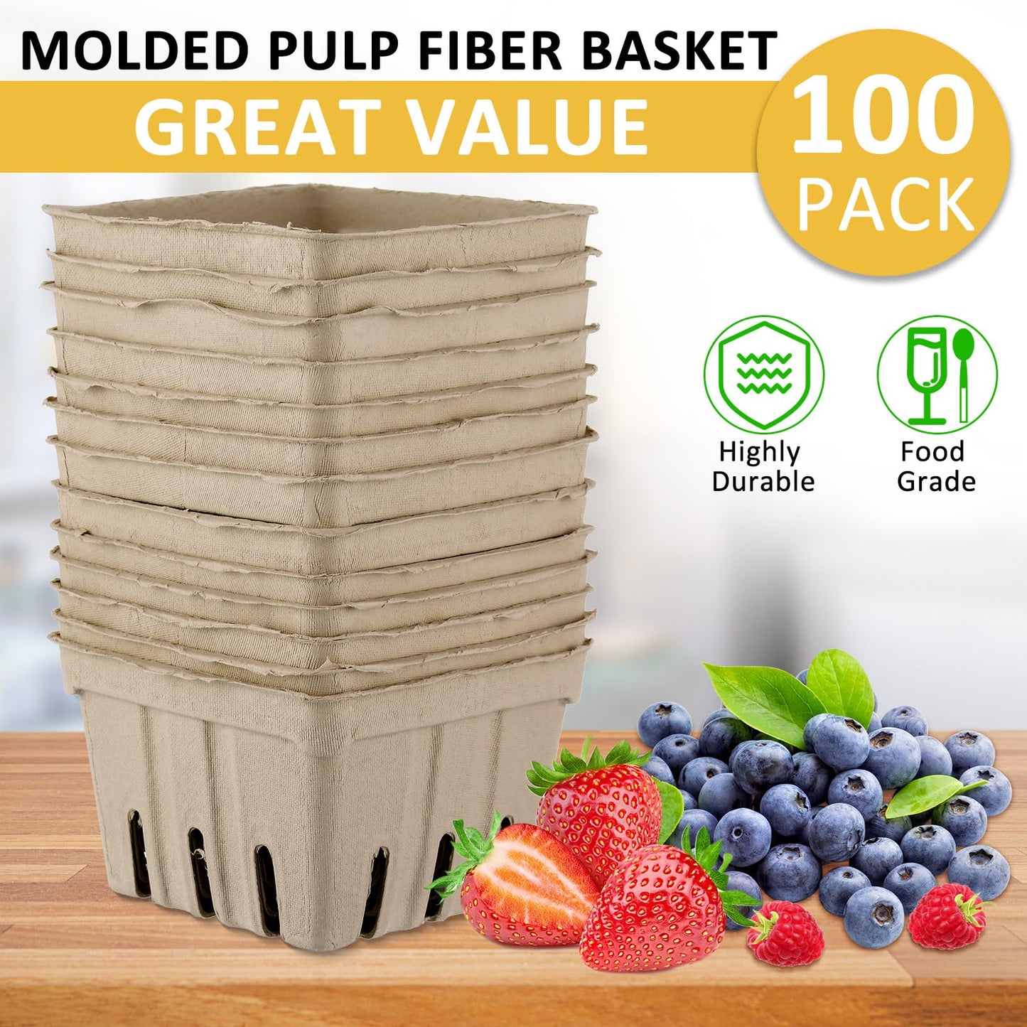 Amyhill 100 Pack Pulp Fiber Basket Set Include 100 Strawberry Berry Basket Small Vented, 100 Clear Packaging Bags, 100 Tie Strips for Kitchen Market Fruit Vegetable Produce Storage (Golden)