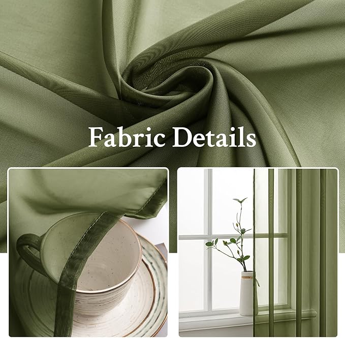 MIULEE 2 Panels Solid Color Sheer Window Curtains Elegant Window Voile Panels/Drapes/Treatment for Bedroom Living Room (54X90 Inches Olive Green)