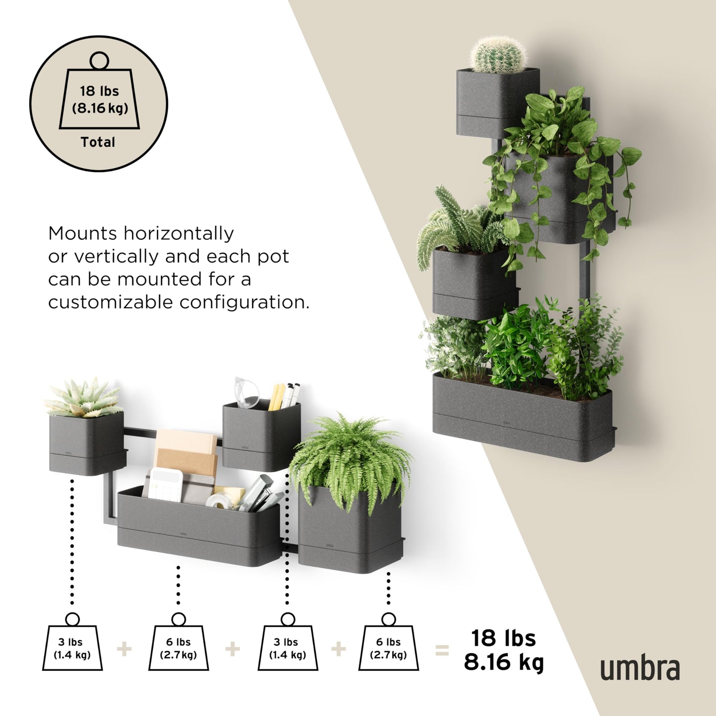 Umbra Cubiko Wall Planter with 4 Lightweight and Durable Pots (Black)