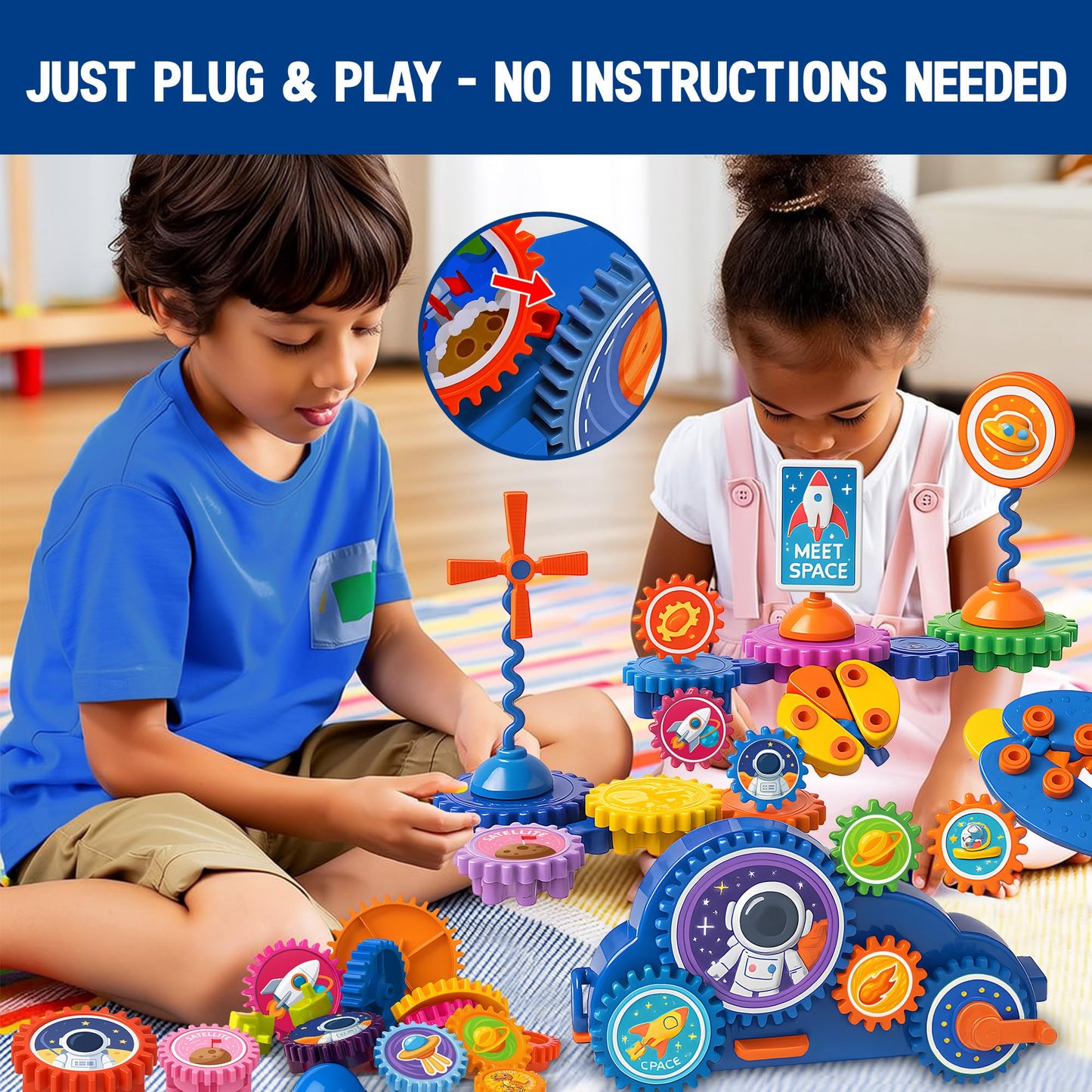 ROHSCE Motorized Spinning Gear Building Toys for Kids, Space Rocket STEM Construction Set, Educational Interlocking Building Blocks Puzzle | Gear Toys for Toddlers Ages 3-8