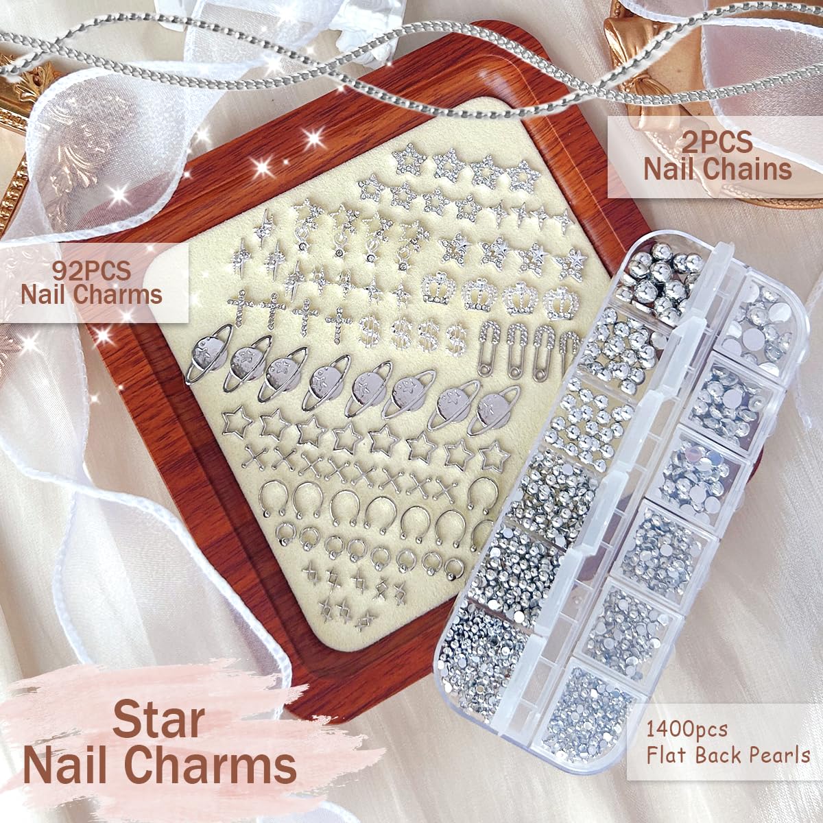 92pcs Star Nail Charms, 1 Box Silver Nail Pearls for Crafting Flat Back, Y2K Silver Metal Planet Cross for Acrylic Nail Art Rhinestones Dangling Star Nail Chains Cute Gems Manicure Decorations Bulk