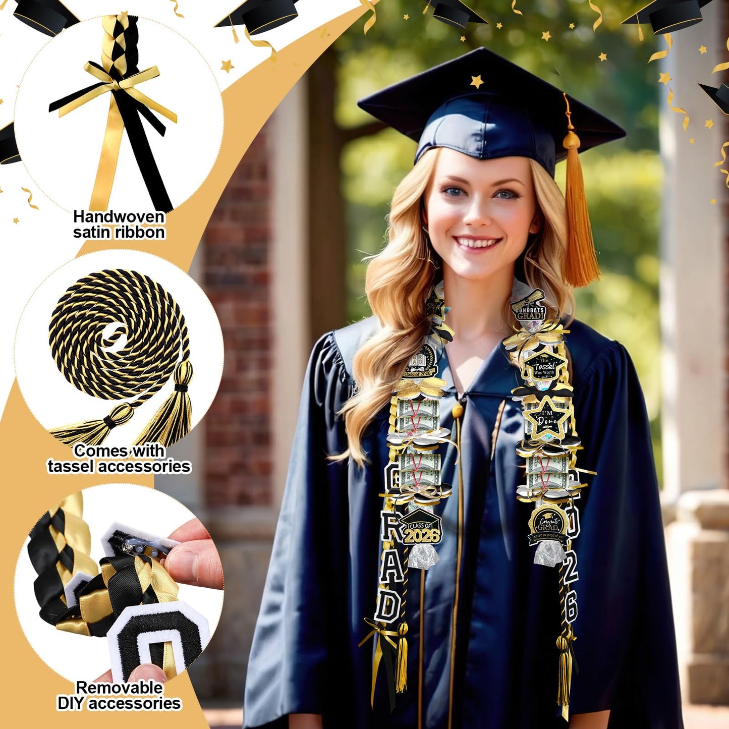Graduation Candy Lei Making Kit Class of 2026 DIY Lei PE Bags Tubing Money Leis 2026 Graduation Ribbon Necklace Include 2 x 5 ft PE Bags 90 Pcs Flower Accessories for Grad Party Supplies (Gold, Black)