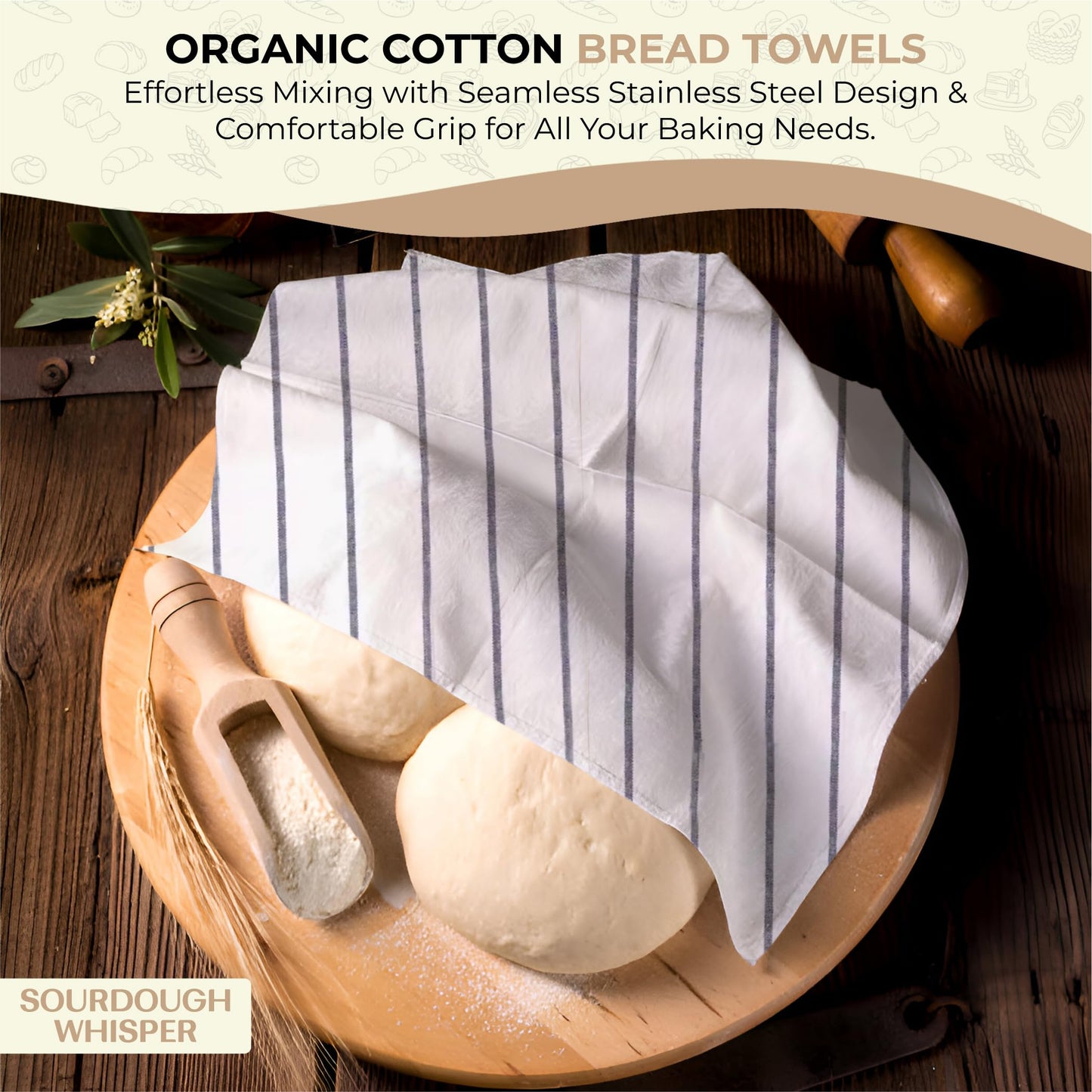 Sourdough Essential Baking Tools Set — Premium Organic Cotton Proofing Tea Towel, Seamless Danish Dough Whisk, Blue Silicone Scraper & Wood Brush (Complete Sourdough Baking & Proofing Kit)