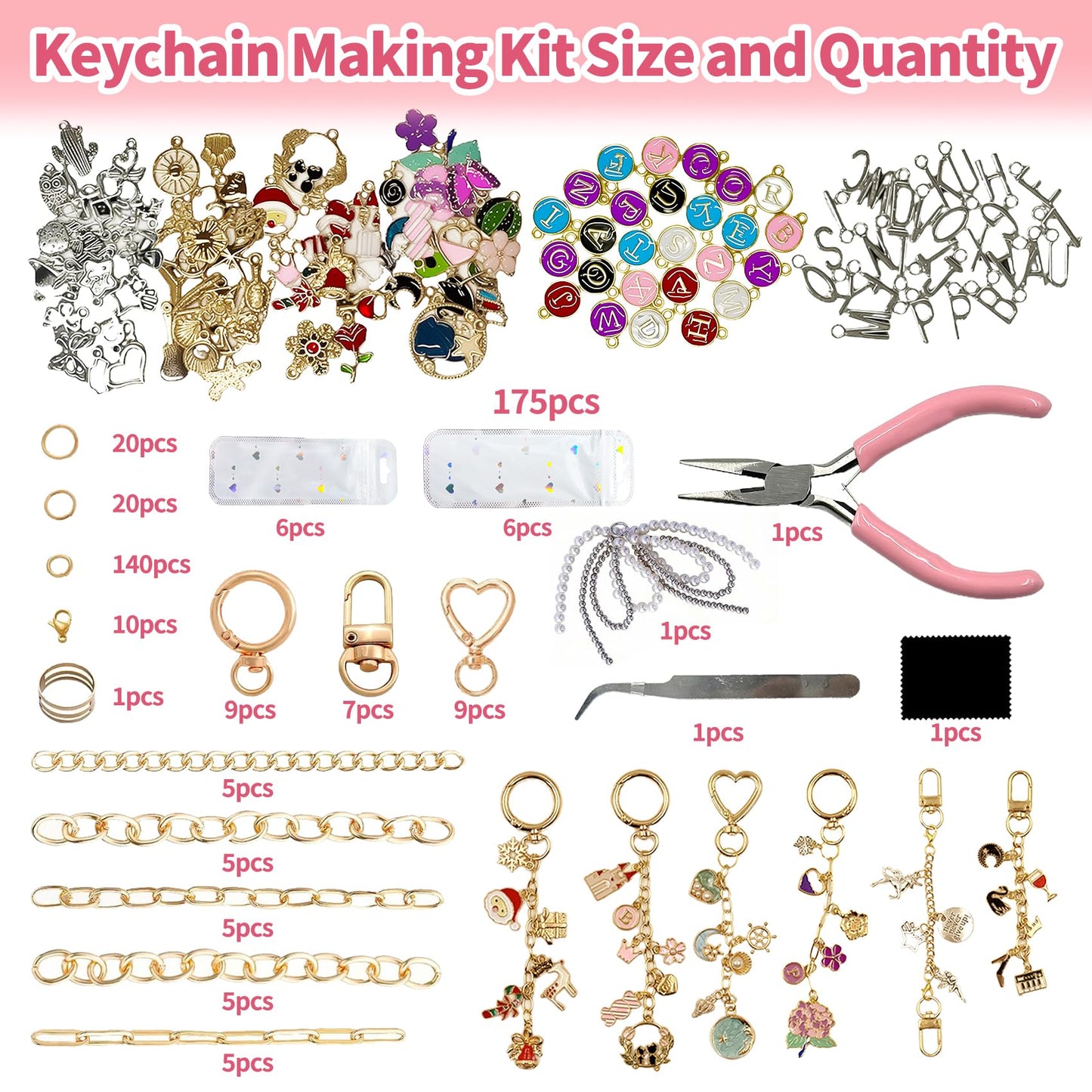 432Pcs Charms Lip Gloss Keychain Making Kit, DIY Craft Supplies with 25 Keychains Clips 25 Extender Chain 175 Charm Jewelry Plier, DIY Keychains Kit, for Keychain Making Supplies DIY Crafts (432Pcs)