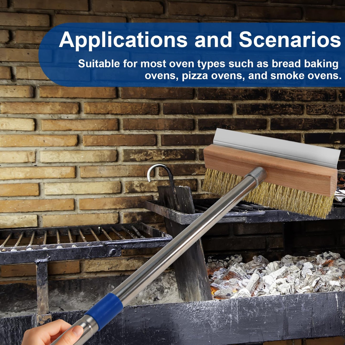 Pizza Oven Brush with Scraper and 4 Sections Detachable Long Rod and Scraper-Oven Brush for Removing Deep Burned-On Residue | Ideal for Pizza Shelf & Large Grills and Pizza Oven Accessories