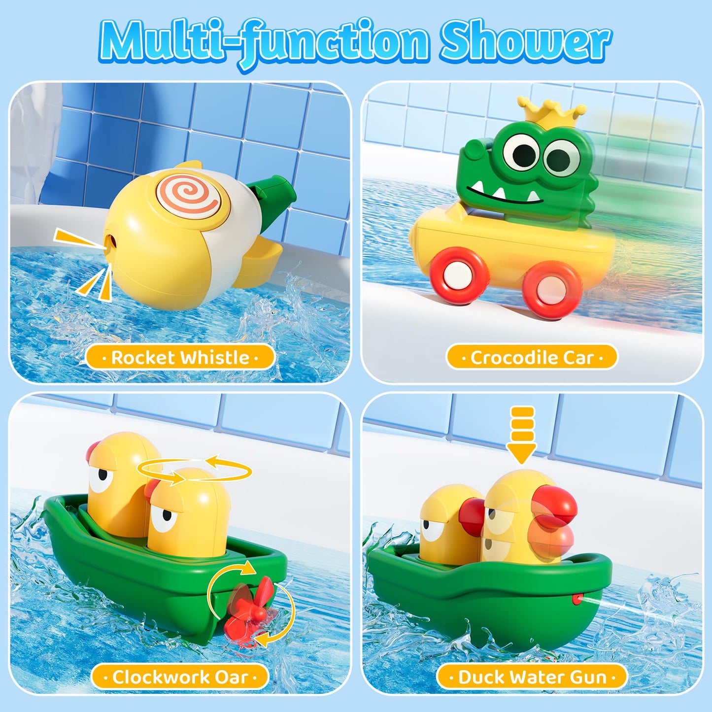 SOCBTNSO FlowFun Bath Toy Set: Electric Shower with 360° Rotate, Rocket Whistle, Cute Car Toy & Little Yacht | Interactive Water Play Kit for Toddlers 18 Months +