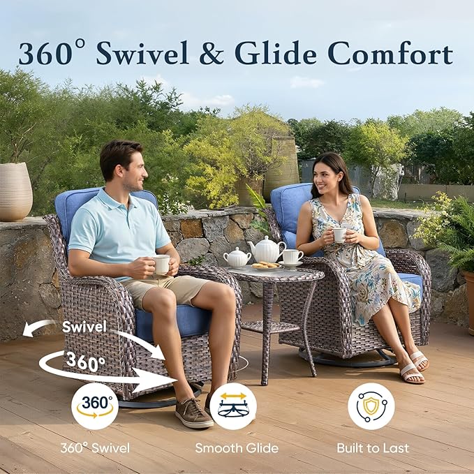 Belord Luxury 6" Thick Cushioned Outdoor Swivel Rocker Patio Chairs with Side Table, 3 Pieces High Back Wicker Furniture Set with Ergonomic Back, Conversation Gliders Set for Deck Porch - Brown+Blue