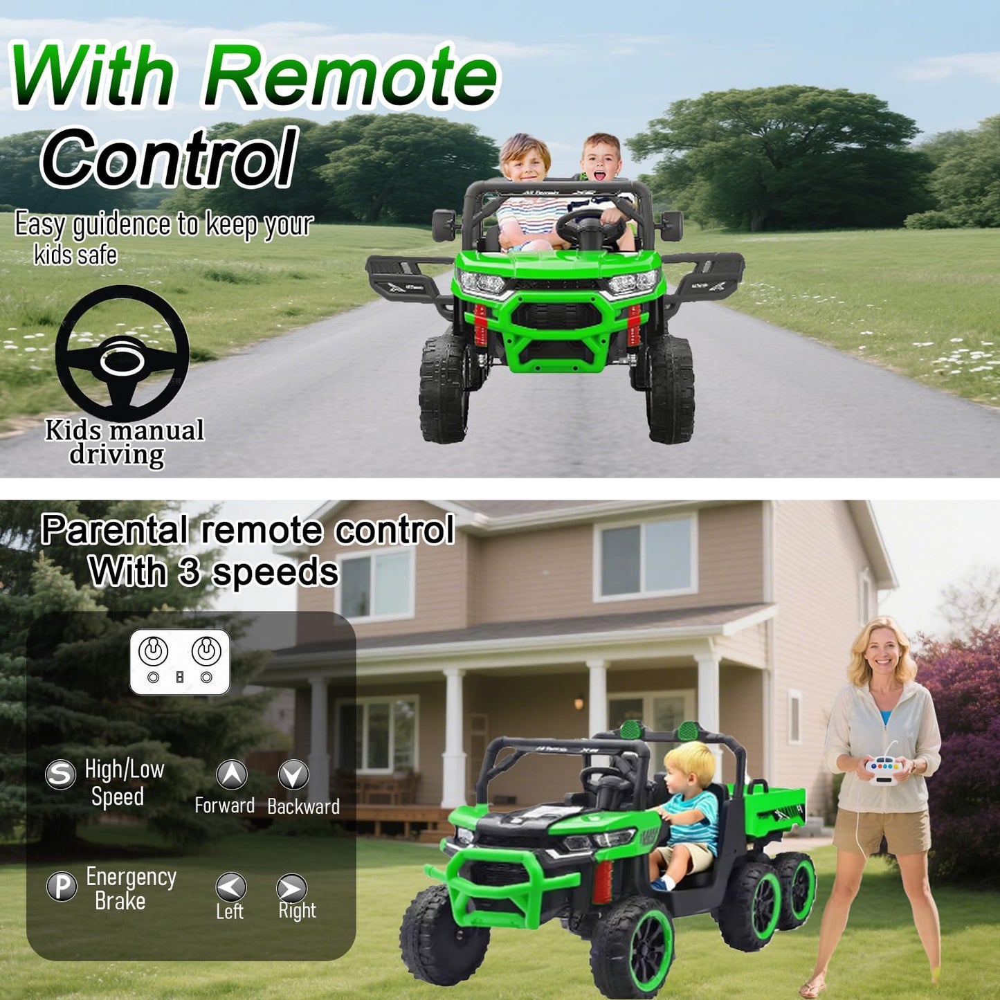 AOKOY 24V Side by Side 6 Wheel Ride On Dump Truck, 4WD Battery Powered Electric Car for Boys and Girls Outdoors with Remote Control, Bluetooth, Green