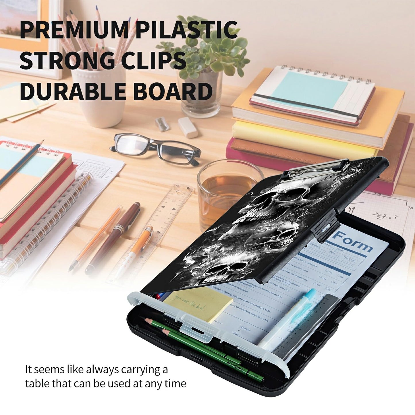 BEOTIWAD Clipboard with Storage High Capacity Plastic Nursing Clipboards with Pen Holder File Folder Storage Box Clipboard with Heavy Duty Clips for Teacher,Doctor,Offices-Skull