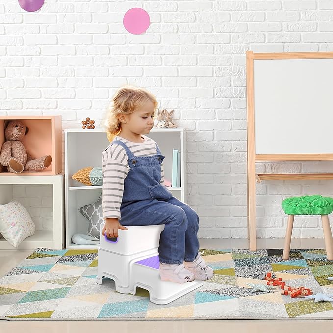 Victostar Toddler Step Stool,2 Kids Step Stool for Bathroom Sink,Baby Potty Stool with Anti-Slip Surface and Rubber Bottom,Plastic Stool with Handle for Toilet Potty Training Bathroom Kitchen
