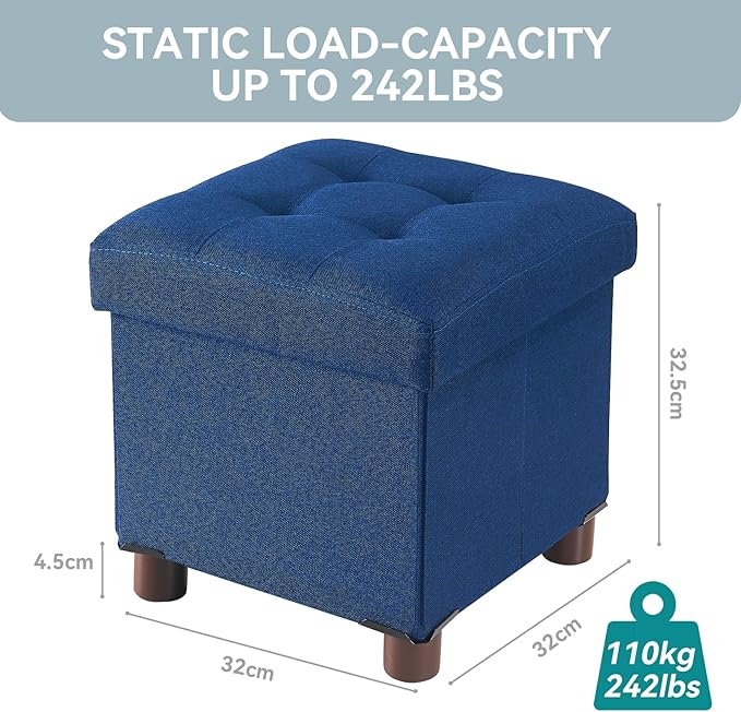 BRIAN & DANY Small Ottoman with Storage, Small Storage Ottoman, Folding Foot Stool with Wood Legs for Living Room and Bedroom Linen Rest Seat, 12.6"x12.6"x12.8" - Blue