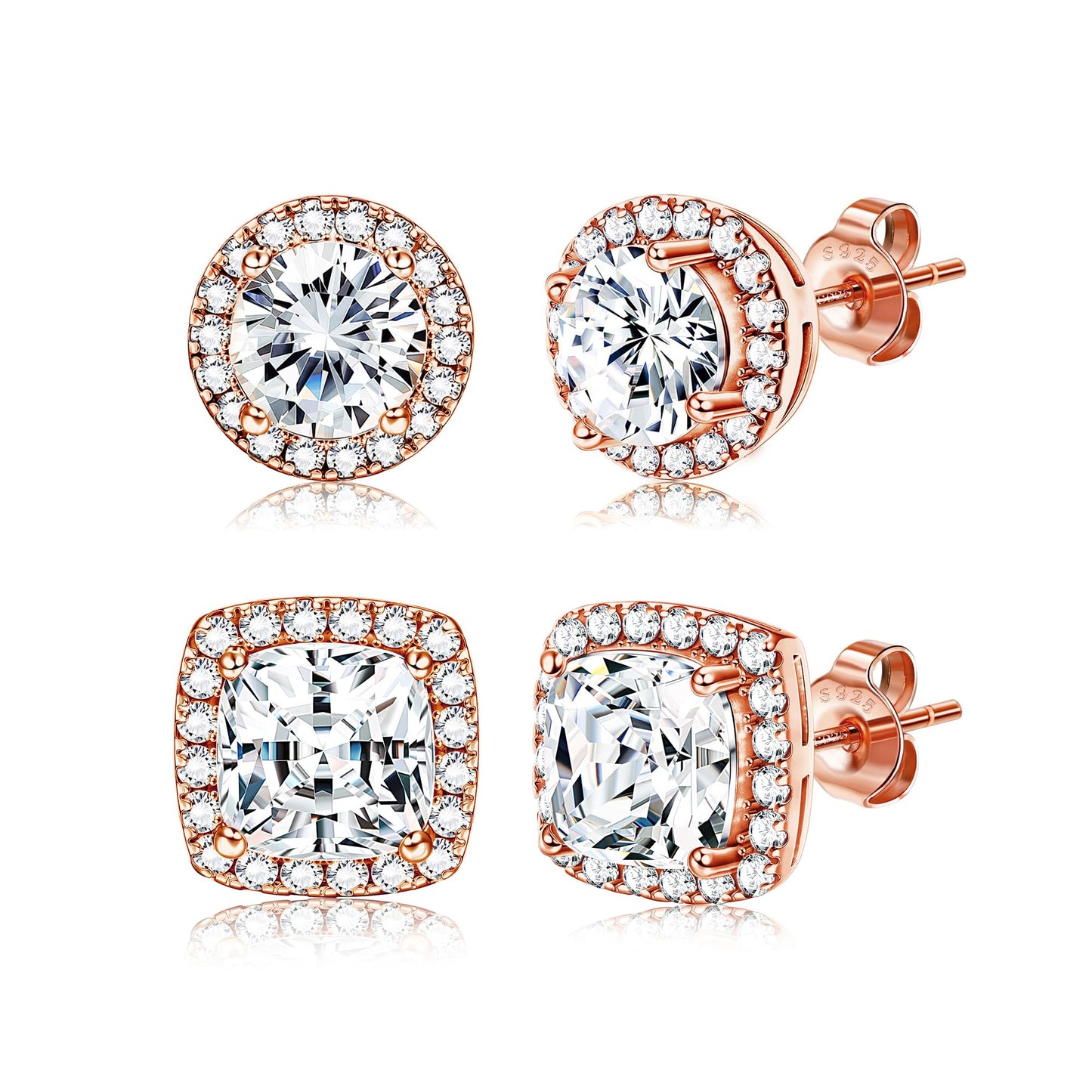 Hayoso Cubic Zirconia Stud Earrings for Women Men Sterling Silver Earring Post Hypoallergenic 14k Gold Plated Round&Square Earrings Rose Gold