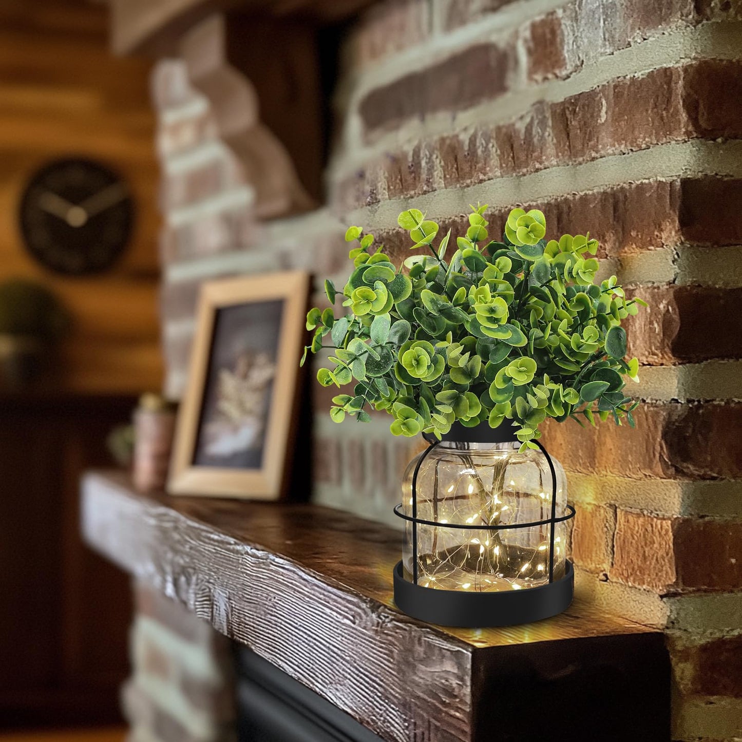 Farmhouse Rustic Glass Vases Primitive Country Lantern Coffee Dining Table Centerpiece Green Fake Artificial Eucalyptus Plants with Light Home Decor for Shelf Desk Counter Kitchen Bathroom, Black