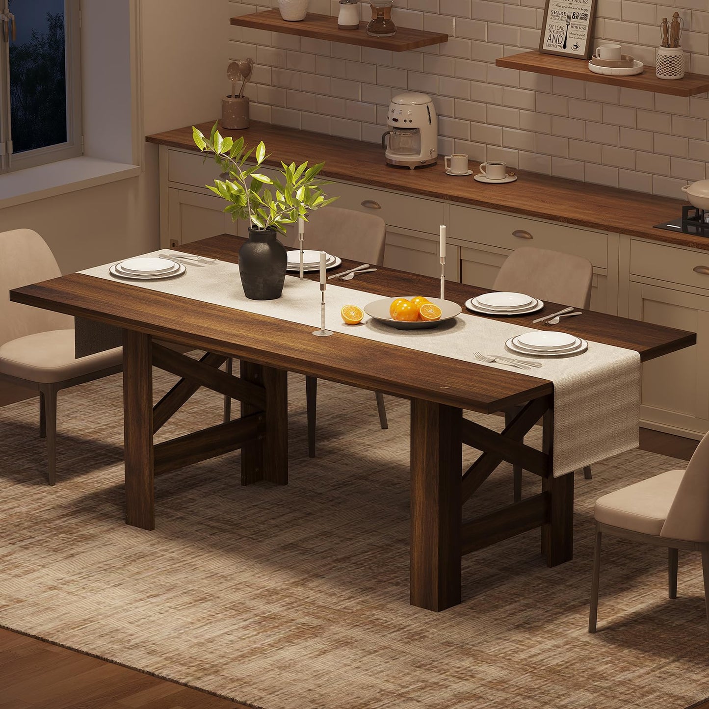 GarveeHome Dining Table for 6-8, 71" Long Large Wooden Farmhouse Kitchen Table with Thick Sturdy Frame, Rectangular Dining Room Dinner Table with Stable Triangular Legs for Kitchen,Office, Retro Brown