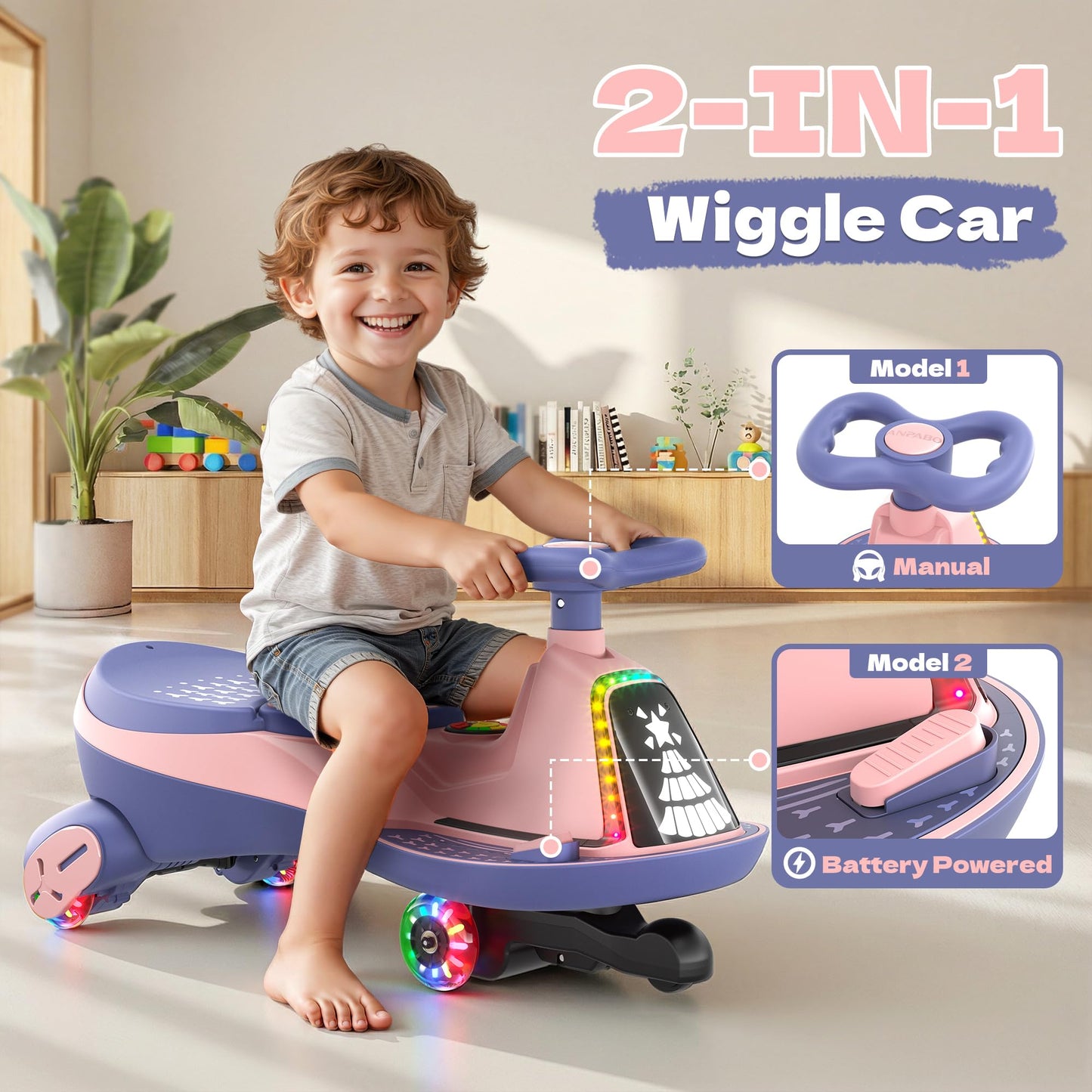 ANPABO 12V Electric Wiggle Car with Pedals, 2 Seater, 2x75W Motor, Music & Bluetooth, Ride On Toy for Kids Ages 3+, 170 Lbs, Pink