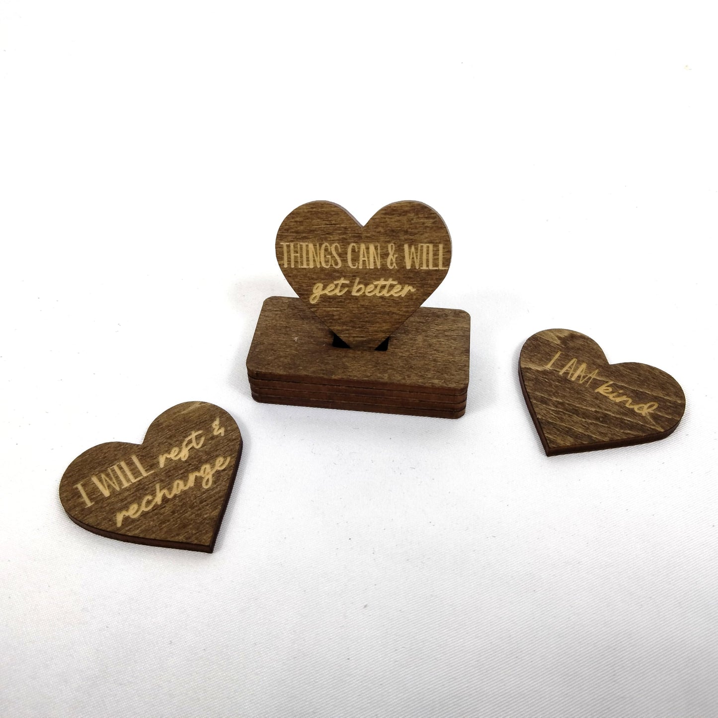 Sunny Lark Positive Affirmation Wood Cutouts | 72 Unique Laser Engraved Wood Hearts with Positive Affirmation Messages | Includes Desktop Affirmation Holder | Daily Motivational Gift