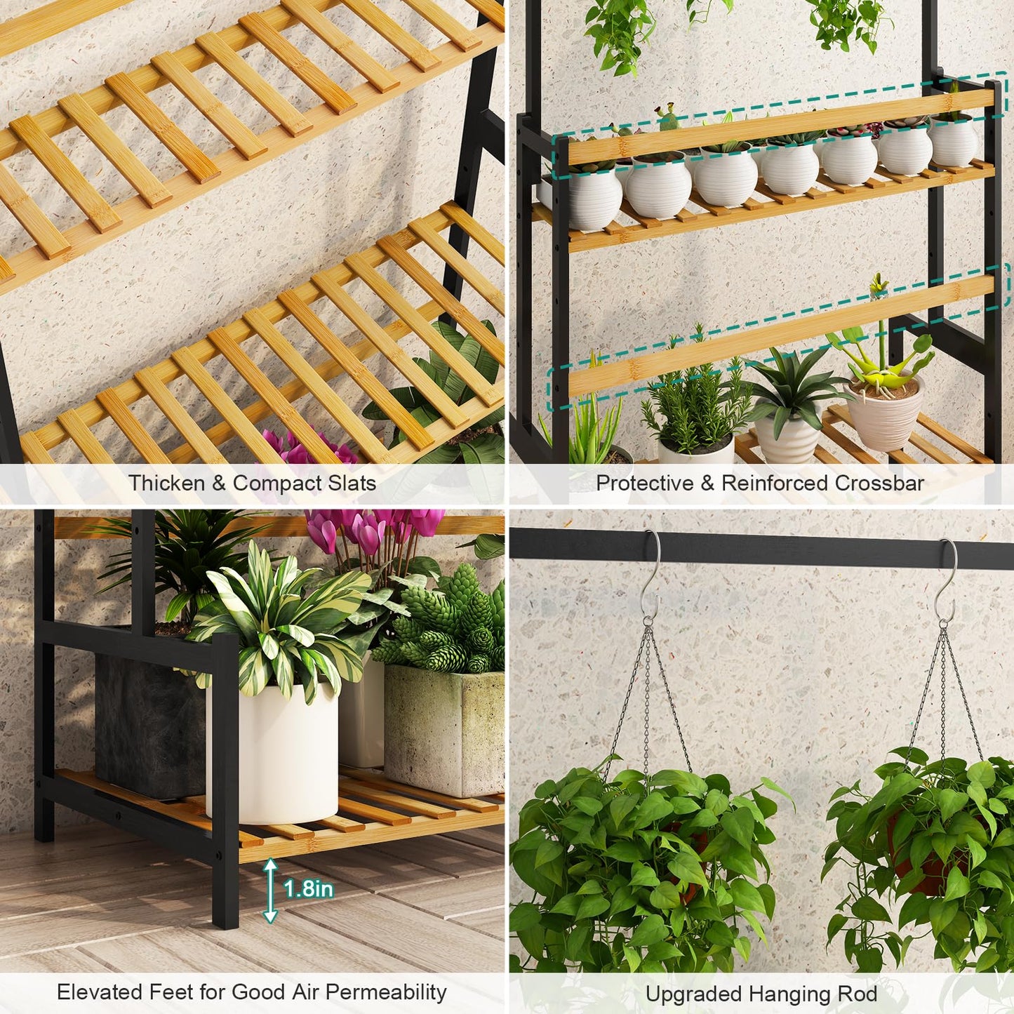Ufine Bamboo Hanging Plant Stand 3 Tier Ladder Shelf with Hanging Rod Height Adjustable Flower Pot Display Organizer for Balcony Porch Living Room