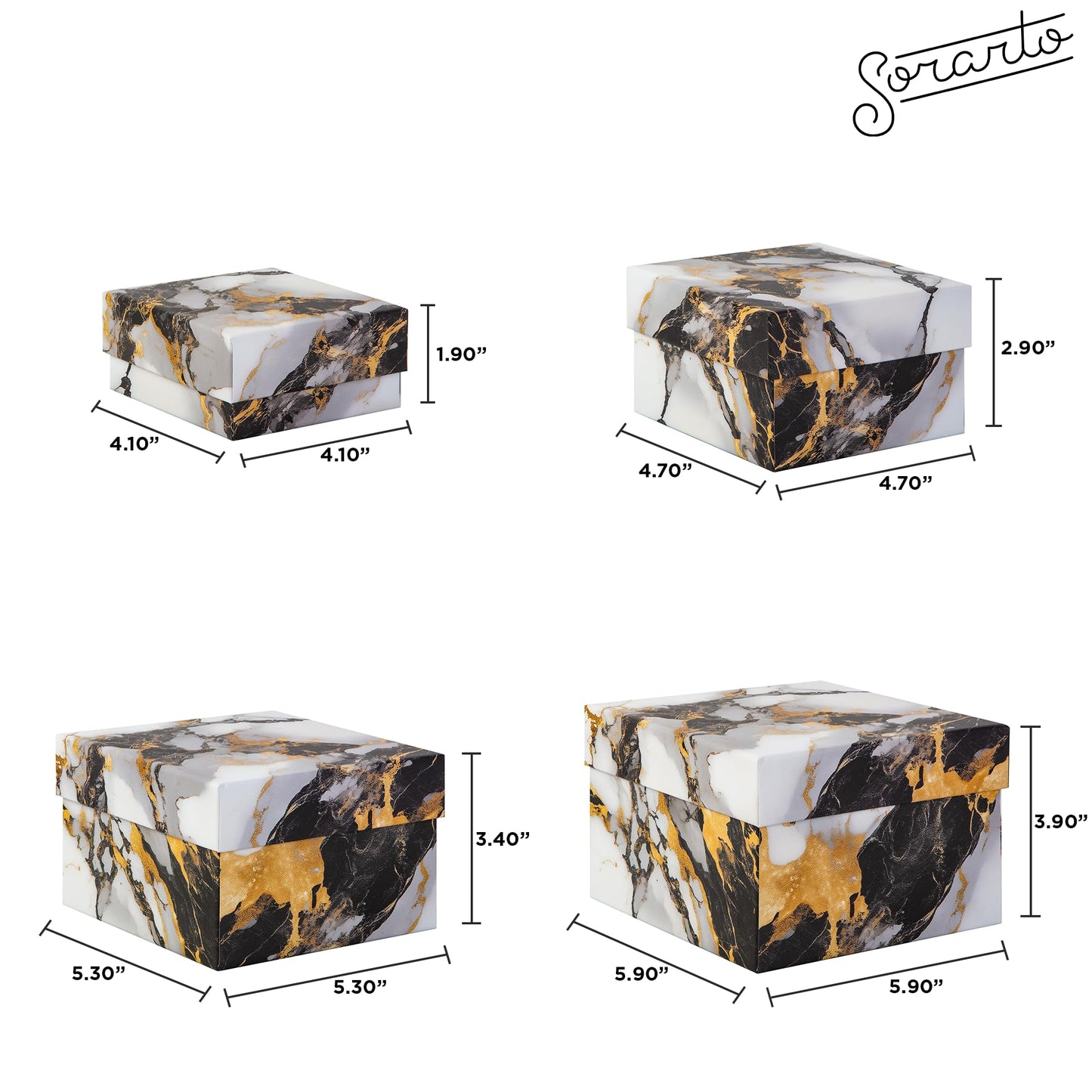 Sorarto Square Gift Boxes with Lids 4pc Set | Gold Marble Nesting Gift Boxes for Presents Birthday Wedding Bridesmaid Christmas