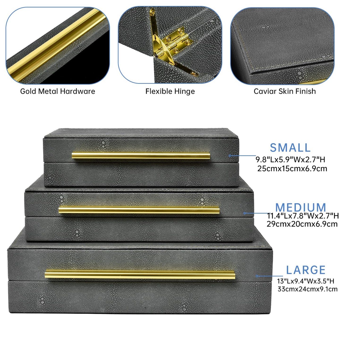 DECOR4SEASON Faux Shagreen Decorative Storage Boxes – Set of 3 Stackable Jewelry Organizers with Gold Metal Handles & Velvet Lining, Modern Grey Box for Vanity, Entryway & Coffee Table Décor