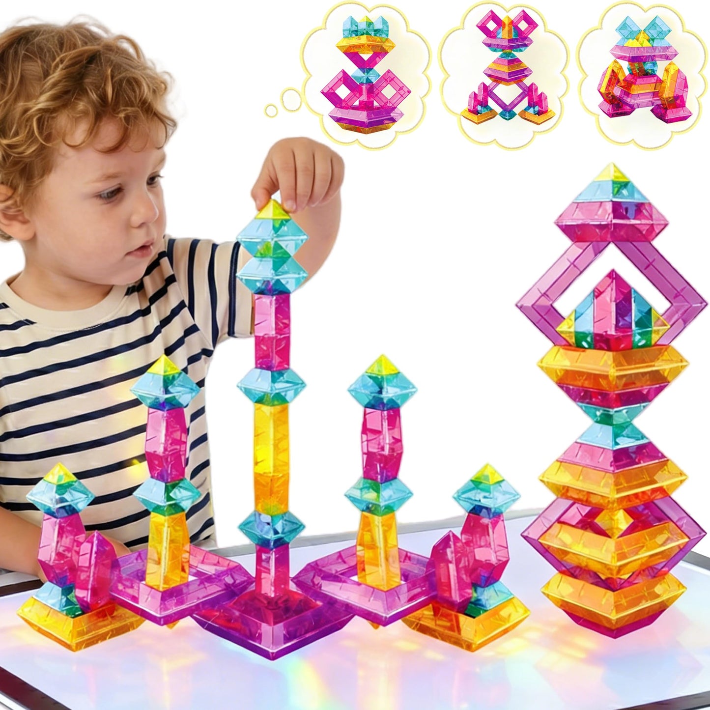 TEANXU 48 PCS Building Blocks Set for Kids, STEM Preschool Learning Stacking Toys for Toddlers Ages 3 4 5 6 - Pyramid Stacking Blocks with Storage Bag - Light Table Compatible