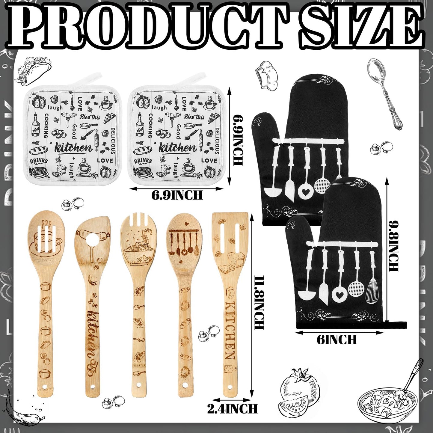 Bencailor 13 Pcs Christmas Kitchen Sets Christmas Aprons Oven Mitts and Pot Holders Dish Towels Wooden Spoons for Xmas Gifts(Black White, Kitchen)