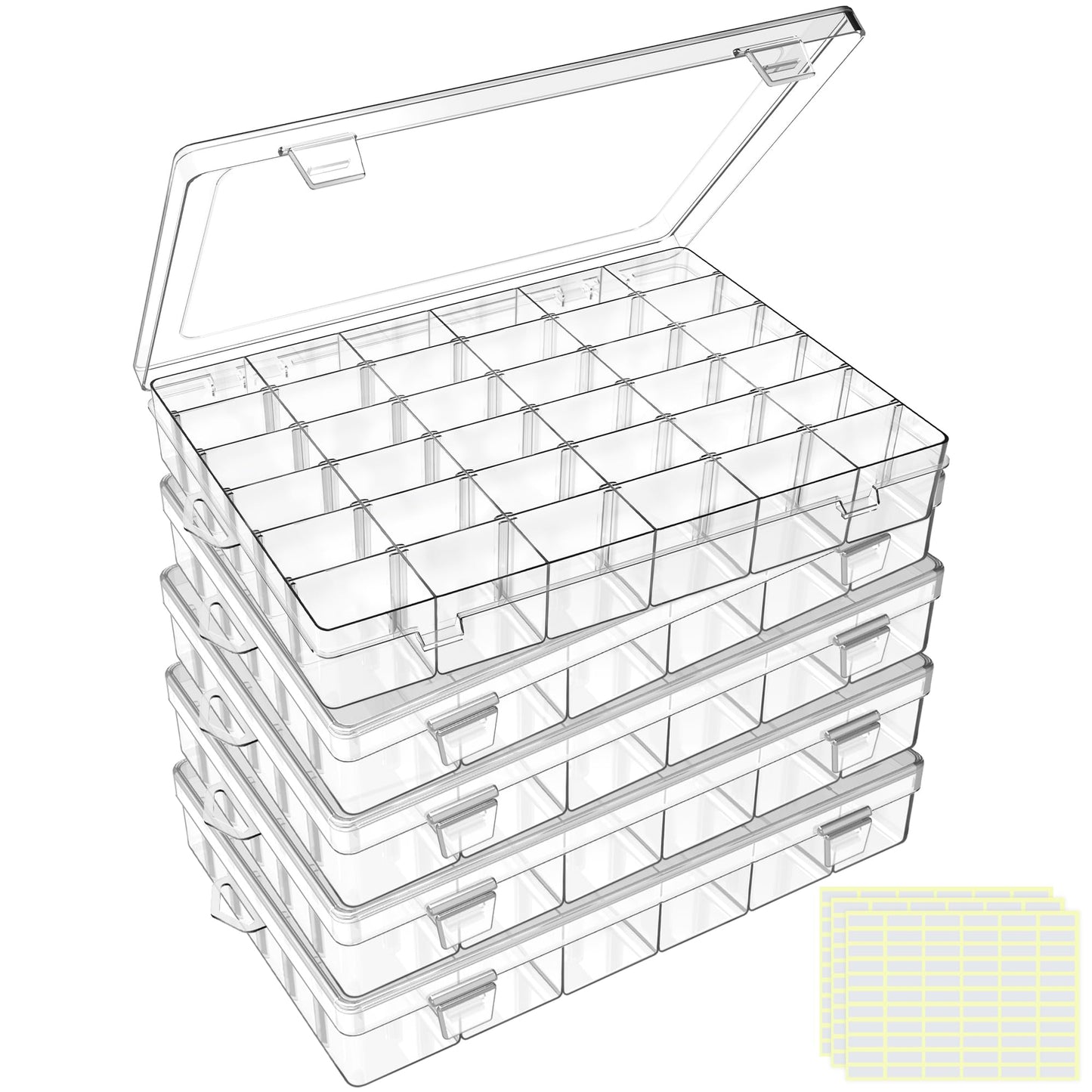 DILIBRA 5 Pack 36 Grids Large Plastic Organizer Box with Adjustable Dividers, Clear Craft Organizers Bead Organizers with Label Stickers, Compartment Container for Beads Crafts Jewelry Fishing Tackles