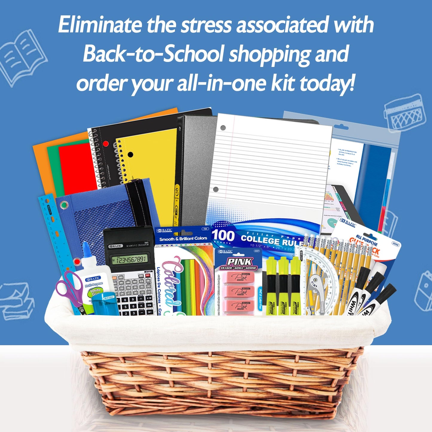 BAZIC PRODUCTS Middle & High School Kit Supply Box, 65-Count Student Set for Grades 7–12, Complete School Supply Kit with Middle School Supplies, Organized Supply Box for Highschool, 1-Pack