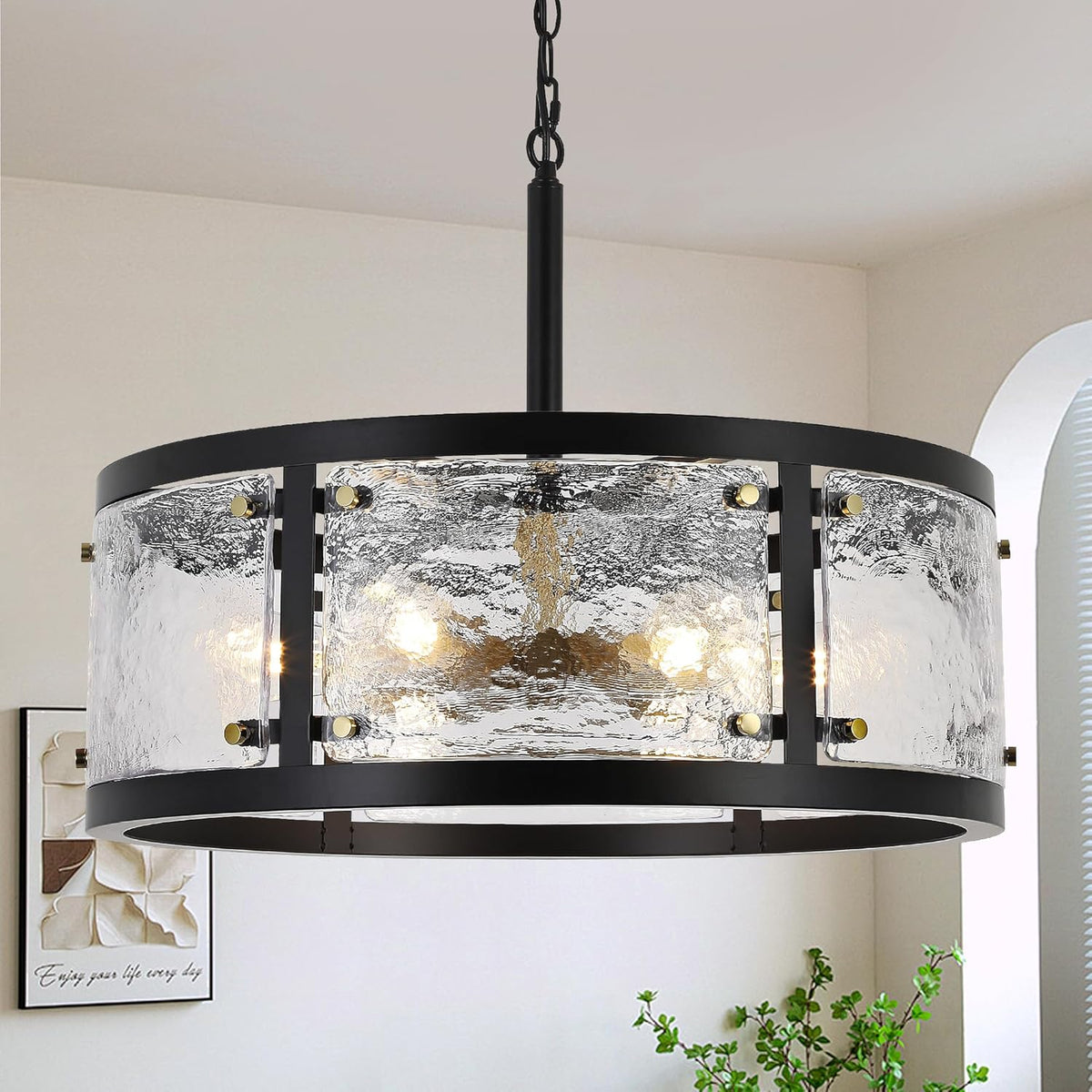 23.6" Large Farmhouse Drum Black Chandelier, 6-Light Vintage Round Glass Chandeliers for Dining Room, Industrial Light Fixture for Kitchen Living Room Stairwell, Clear Waterglass Drum Shade