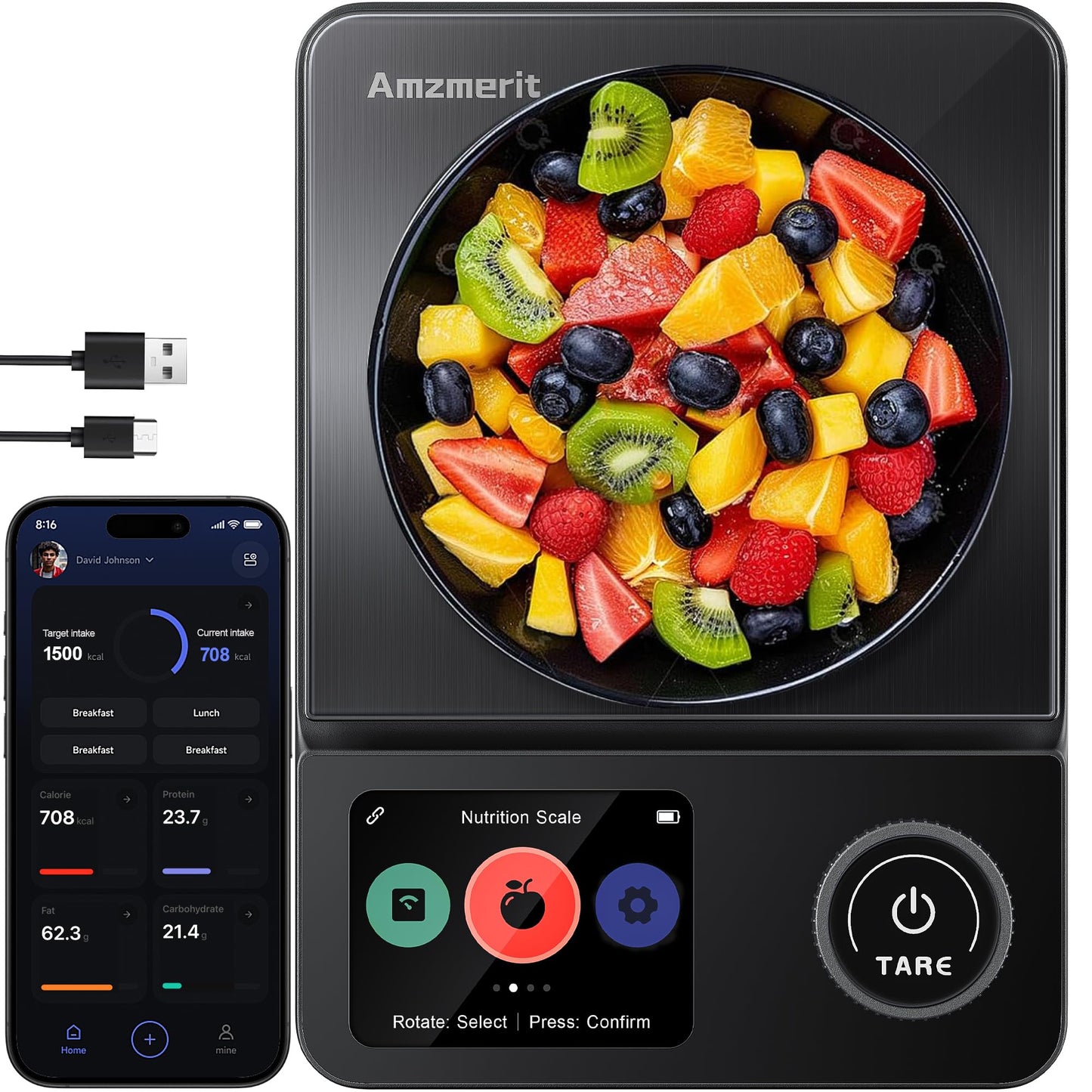 Amzmerit Smart Food Kitchen Scale with Nutritional Calculator, Timer, 0.1g High Precision Kitchen Scale, Free App with 27 Nutrients Tracking, Digital Grams and Ounces for Weight Loss,11lbs/5kg (Black)