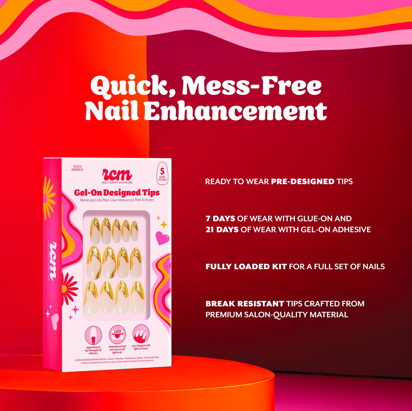 RC Red Carpet Manicure Gel-On Designed Tips - Full Coverage, Flexible, Break-Resistant, 21-Day Wear, UV/LED Cured Gel Adhesion for Natural Look (Gold French Medium Almond)