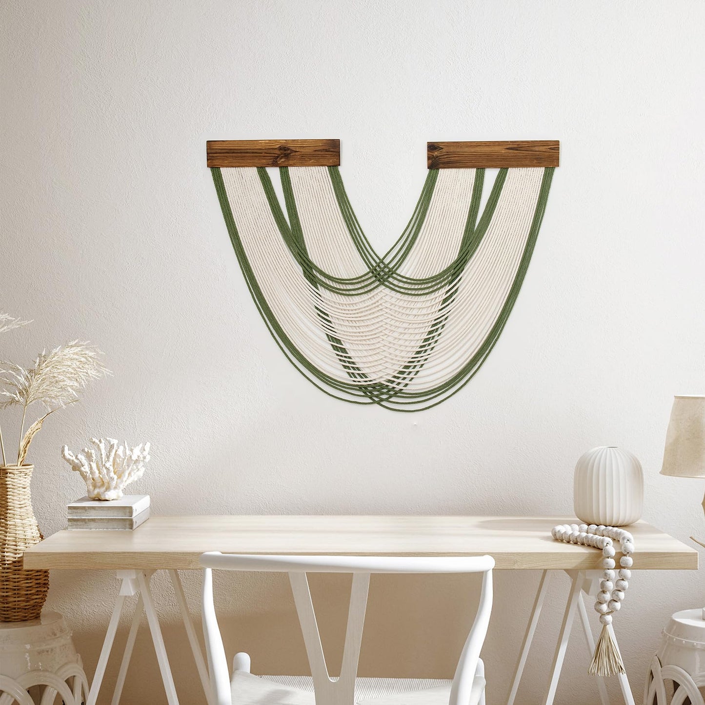 LB Boho Macrame Wall Hanging Large, Green and Beige Macrame Tapestry Wall Decor Handmade Woven Chic Bohemian Tapestry Decor for Bedroom Living Room Office Bathroom Nursery
