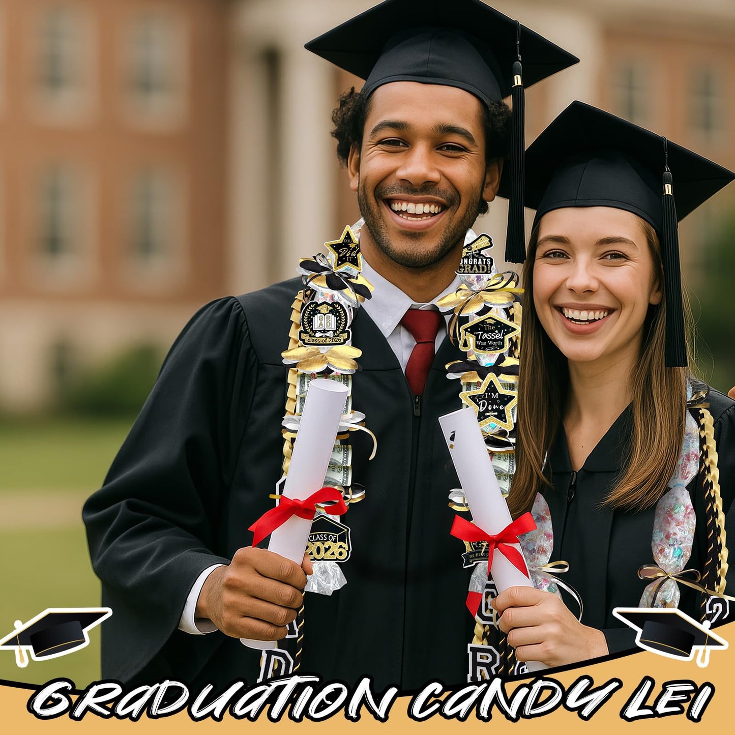 Graduation Candy Lei Making Kit Class of 2026 DIY Lei PE Bags Tubing Money Leis 2026 Graduation Ribbon Necklace Include 2 x 5 ft PE Bags 90 Pcs Flower Accessories for Grad Party Supplies (Gold, Black)