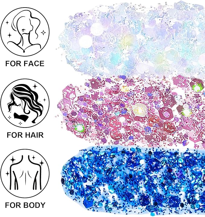 Face Body Glitter Paint Set for Women and Kids, White Pink Blue Holographic Mermaid Sequins Chunky Glitter Makeup for Music Festival Rave Accessories, Easter, Wedding, Valentine, Prom