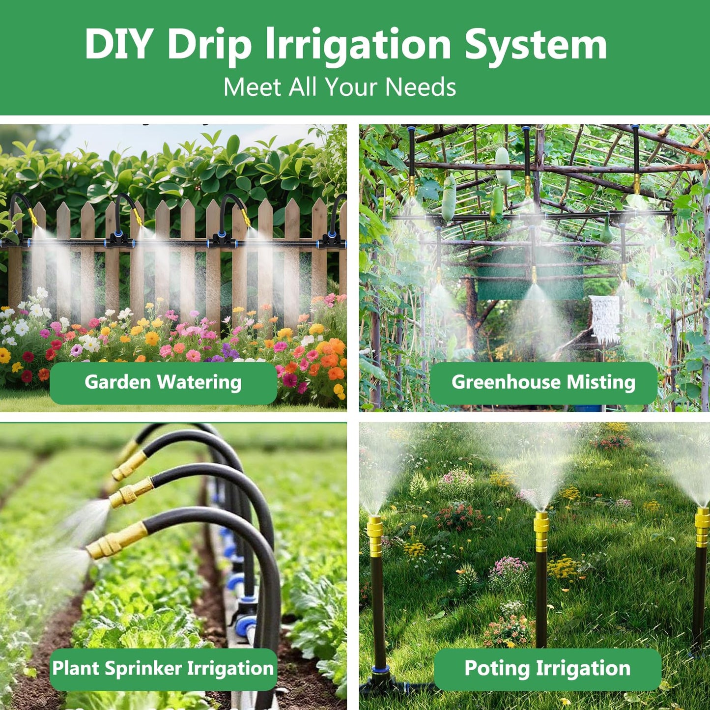 100FT Drip Irrigation System, 1/4 Inch Hose with 360° Adjustable Copper Nozzles – Garden Watering Kit for Lawn, Raised Beds, Greenhouse & Yard