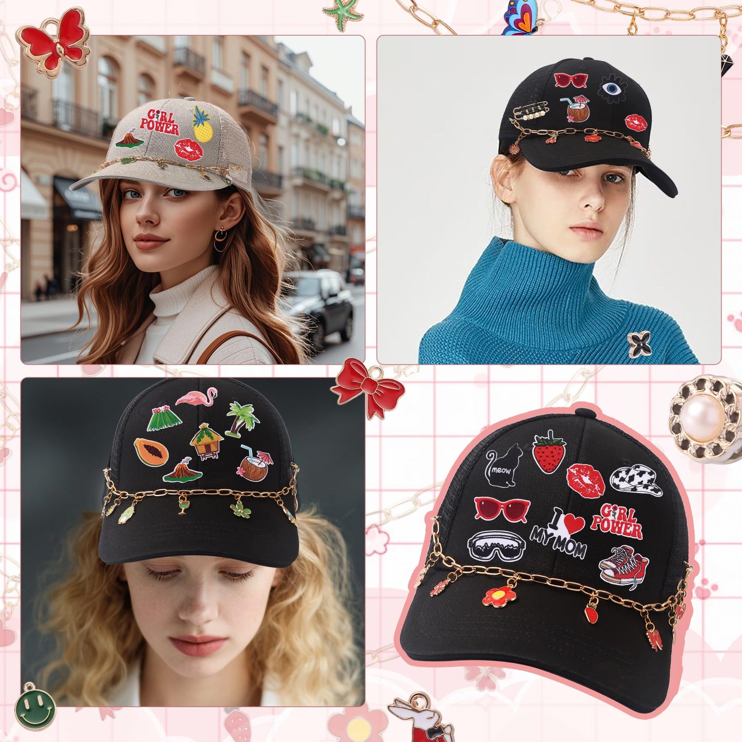 Quorineo Trucker Hat Chains & Embroidered Iron On Patches Kit - 97PCS DIY Decorative Set with Metal Charms for Custom Hats (Women Teens Men) Green Series