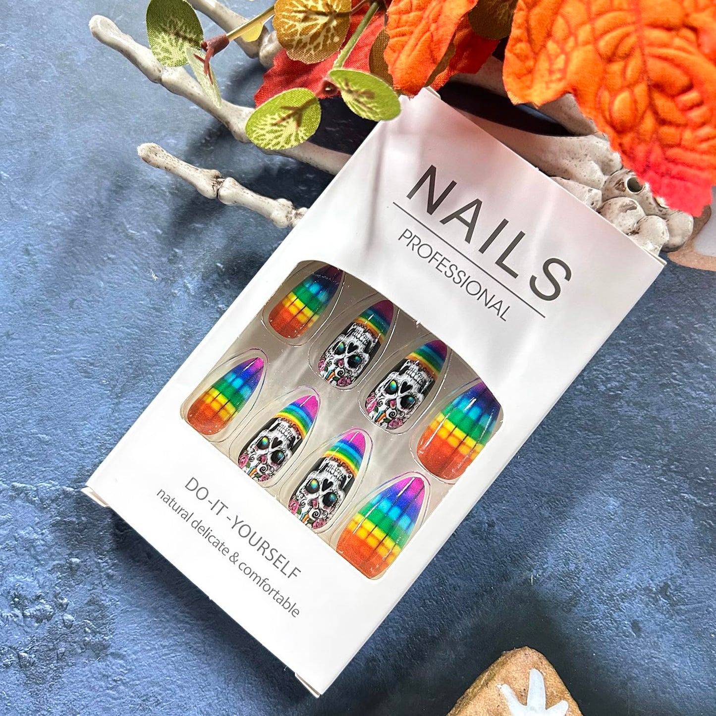 24Pcs Halloween Skull Press on Nails Long Colorful Grid Flower Skull Pattern Design Halloween Nail Full Cover Glossy Artificial Acrylic False Nail French Almond Tip Medium Glue on Nails for Women