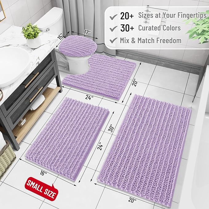 Arotive Luxury Chenille Bathroom Rug Mat, Extra Soft Thick Absorbent Shaggy Bath Rugs, Non-Slip Machine Wash Dry, Plush Bath Mats for Bathroom, Shower and Tub, 60x24, Light Purple