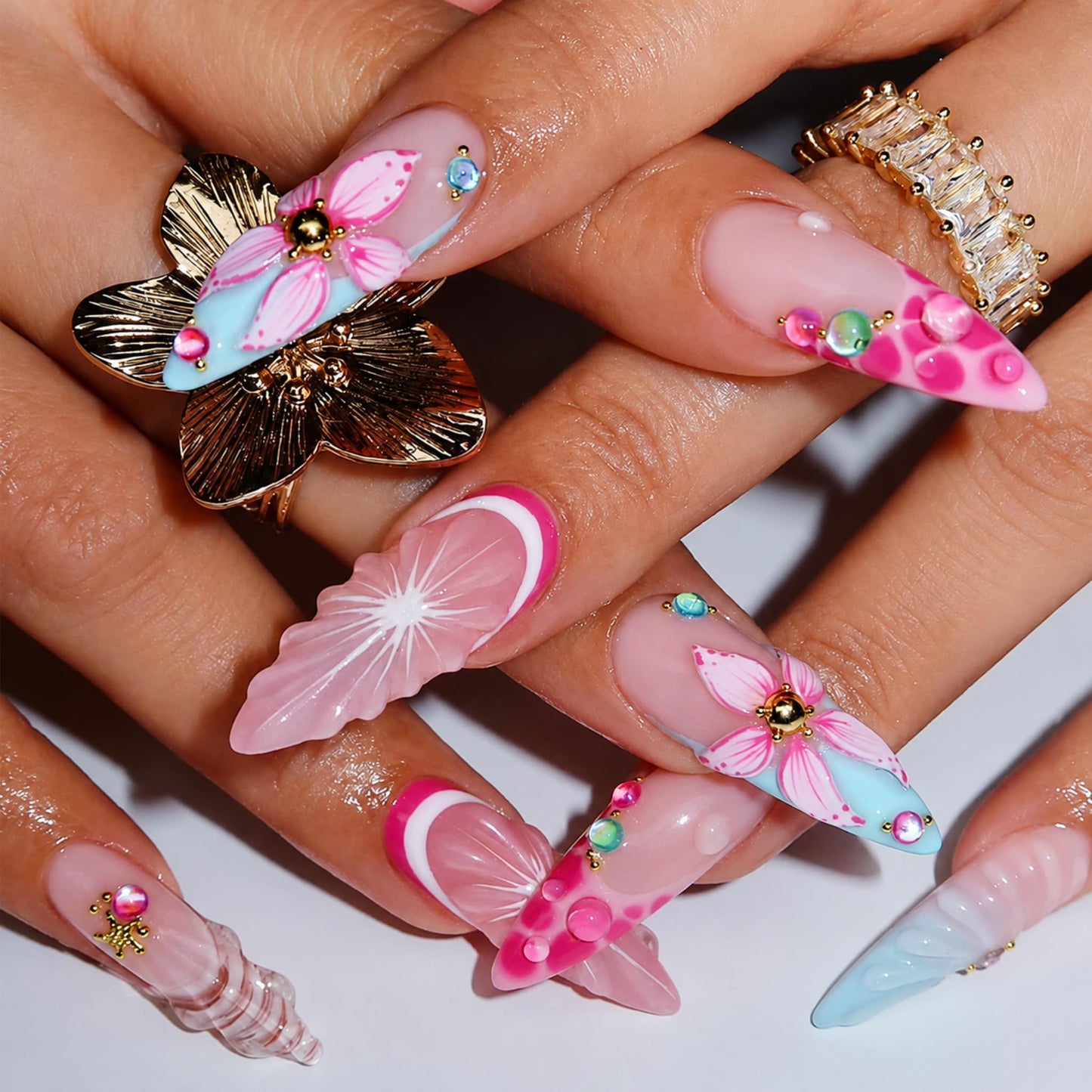 Long Press on Nails Stiletto Fake Nails Pink Artificial Nail 3D Flower Pearl Rhinestone Turquoise Beach Glossy Design Blue French Tip Stick on Nail for Women 24pcs