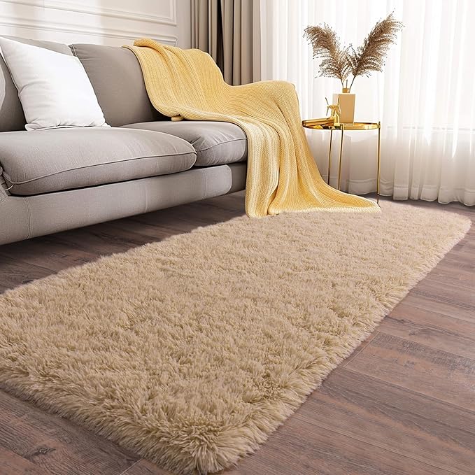 Soft Runner Rugs for Bedroom Hallways, 2 Packs 2x6 Beige Fluffy Shag Throw Area Rug Non Slip for Bedside Dorm, Long Shaggy Furry Carpet for Nursery Living Room