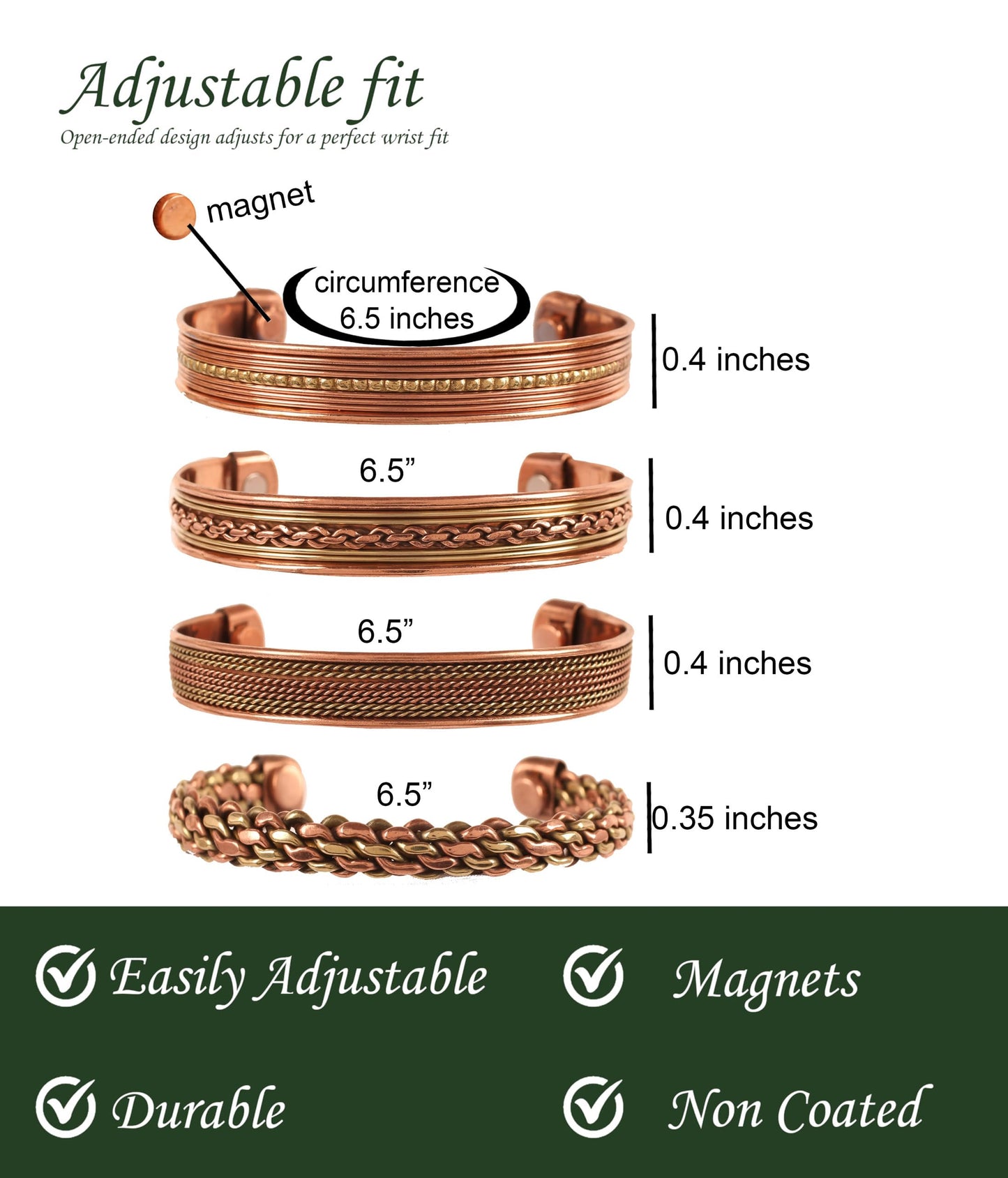 Touchstone Copper magnetic bracelet Tibetan style. Hand forged with solid and high gauge pure copper. Set of 4 different designs.
