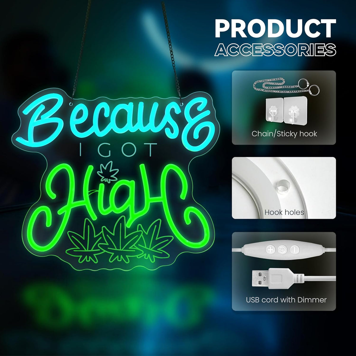 Leaf Neon Sign, Because I Got High Neon Signs for Wall Decor, Dimmable Acrylic Neon Lights for Living Room Bedroom Bar Pub Club Man Cave Game Room Hotel Party Decorations