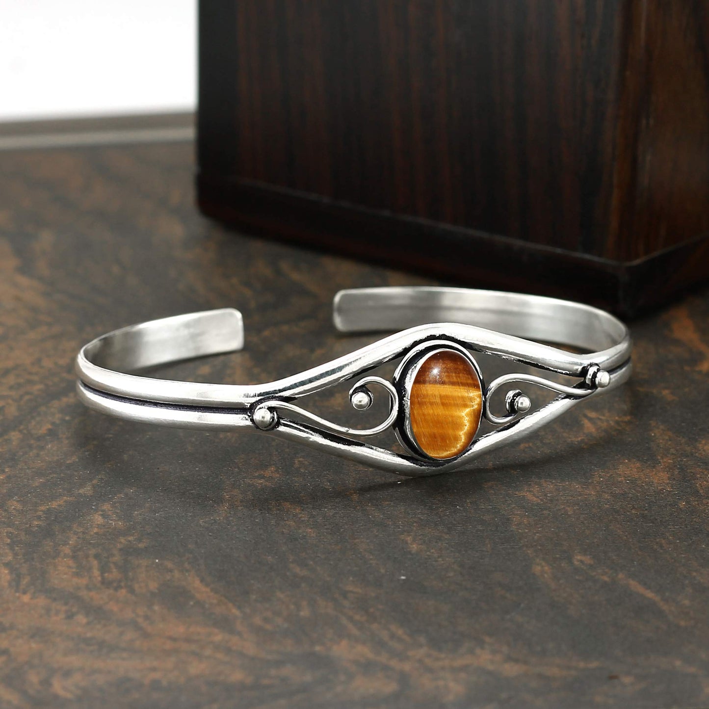 925 Silver Plated Natural Tiger Eye Cuff Bangle Bracelet for Women – Handmade Open Bangle – Brown Gemstone June Birthstone Statement Jewelry – Gift for Her