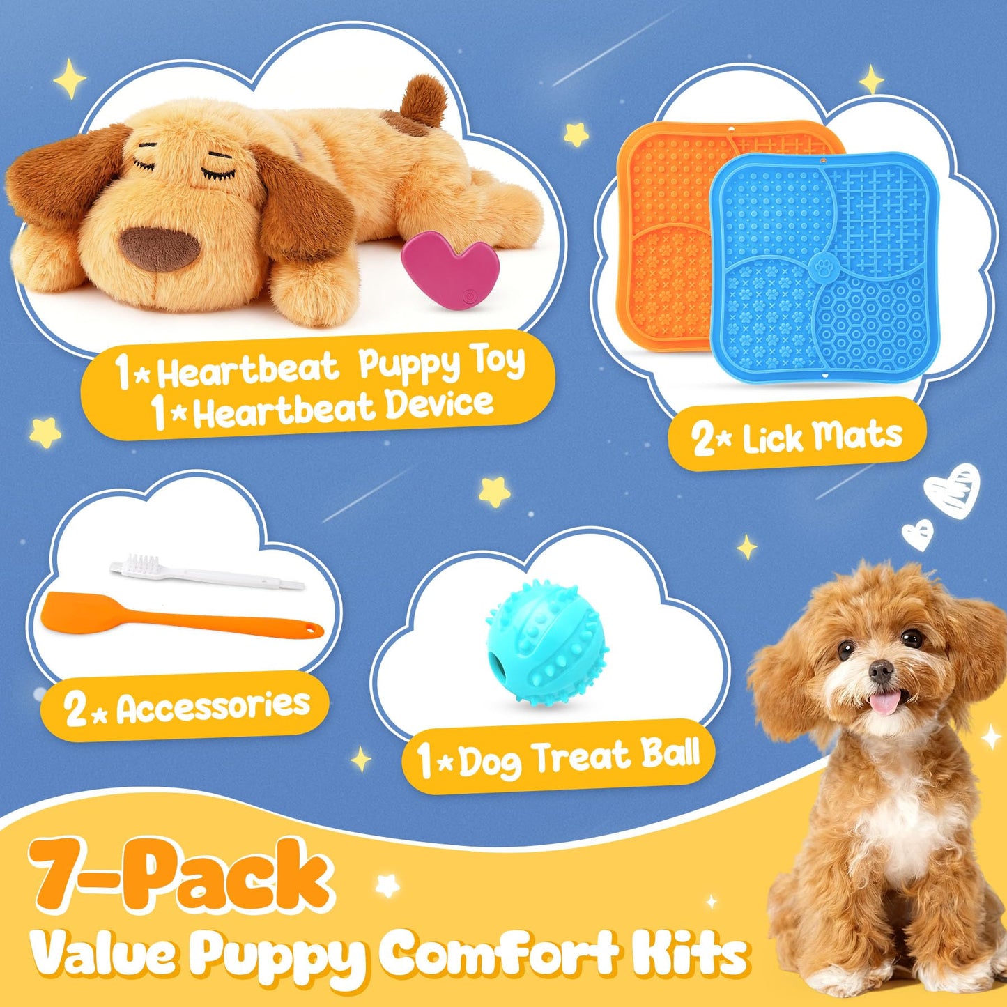 PatsFran Heartbeat Puppy for Dogs, Lick Mats & Treat Ball– All-Round Calming Kit for Anxiety Relief, Sleep Aid & Behavior Training, Puppy Essentials to Keep Them Busy（4 Pcs）