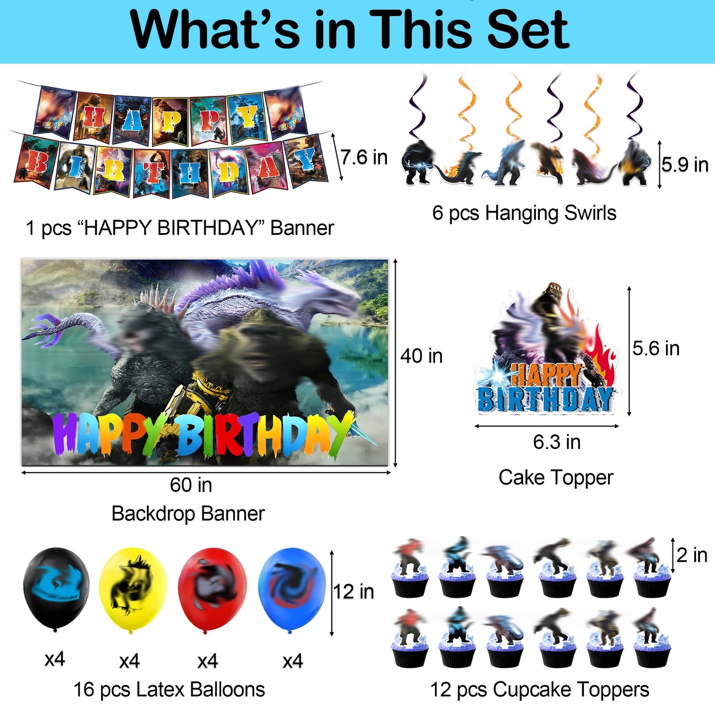 Monsters Theme Birthday Decorations, Birthday Party Decorations with Backdrop Banner, HAPPY BIRTHDAY Banner, Hanging Swirl Streamers, Latex Balloons and Cake Toppers